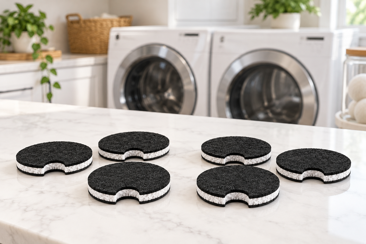 Six car coasters on a clean counter in front of a washing machine and dryer
