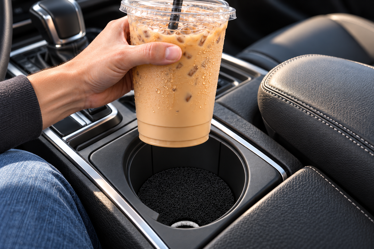 Iced coffee lifted above a Magic Carpet car coaster sitting at the bottom of a deep vehicle cup holder