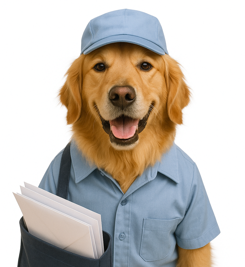 Dog dressed as mailman delivering Magic Carpet™ newsletter – playful lifestyle image for kennel liners, crate liners, feeding station mats, work mats, and kneeling pads