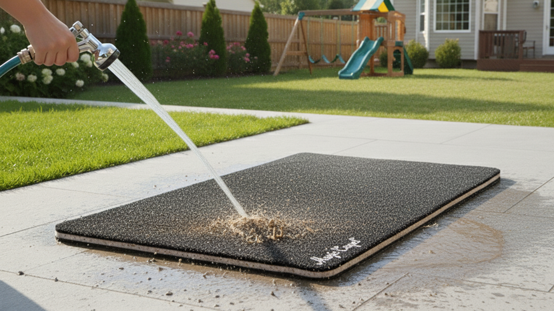 Magic Carpet® absorbent multi-use mat being rinsed clean with hose – reusable washable kennel liner, crate liner, feeding station mat, work mat, and kneeling pad