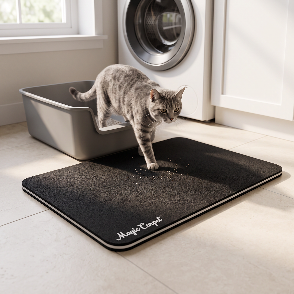 A grey tabby cat steps out of a litter box onto a flat black Magic Carpet mat in a bright home utility corner, with a few stray litter granules on the mat surface.