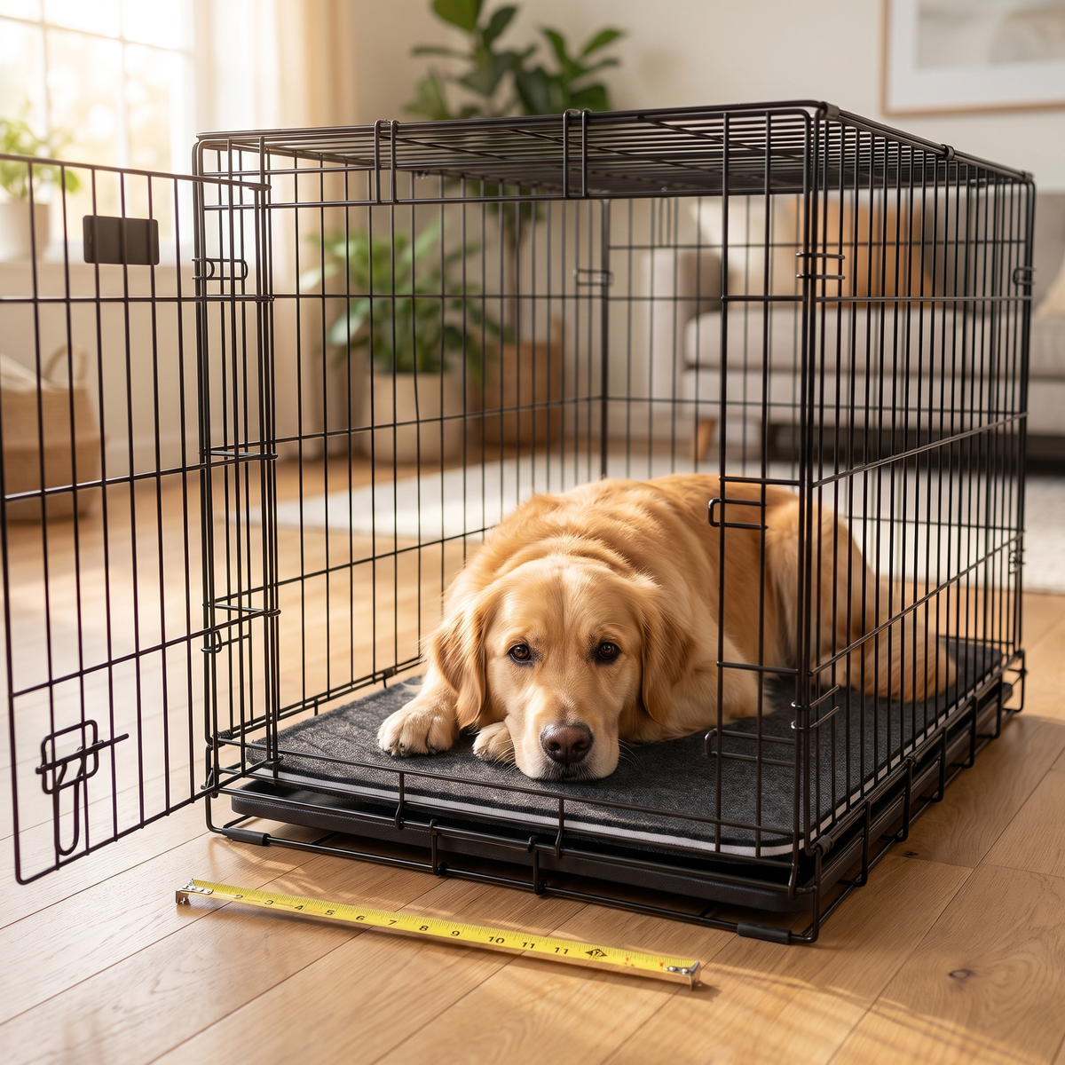 Golden Retriever lying on a Magic Carpet absorbent crate mat inside a 36 inch wire dog crate with a tape measure in front, for the dog crate size chart guide