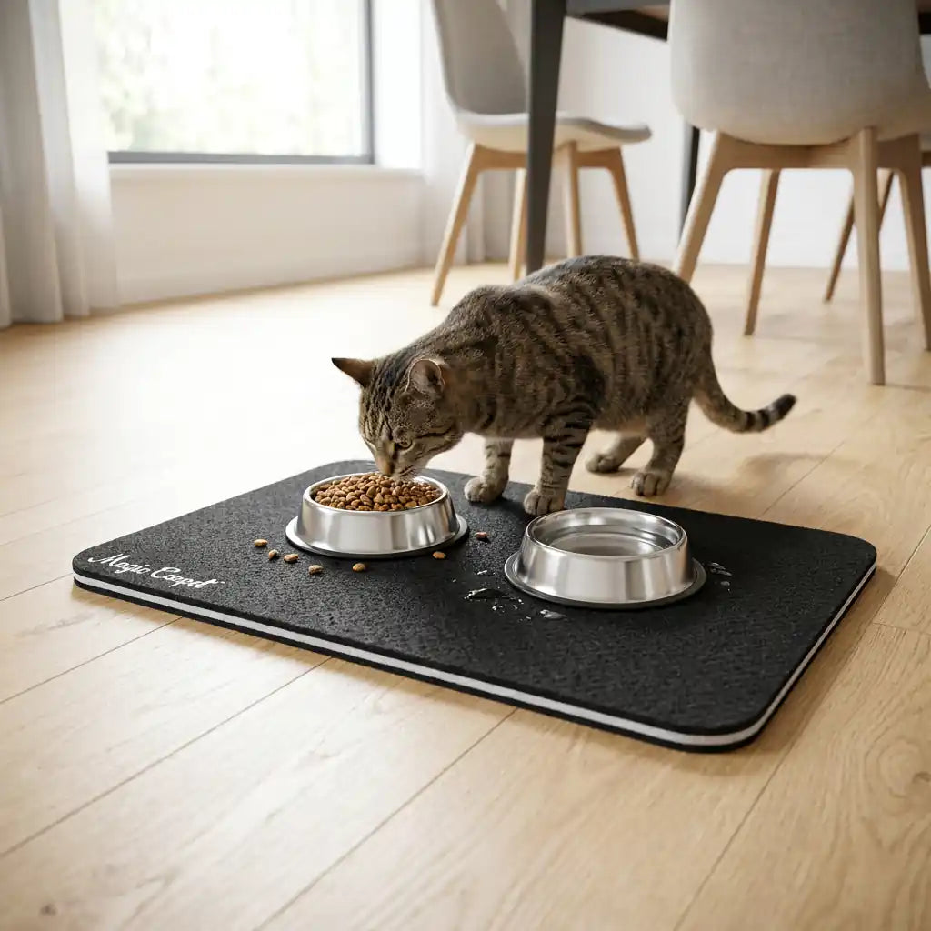 A tabby cat eating from a stainless steel bowl on a Magic Carpet feeding mat, with a water bowl, stray kibble, and a small splash on a hardwood floor