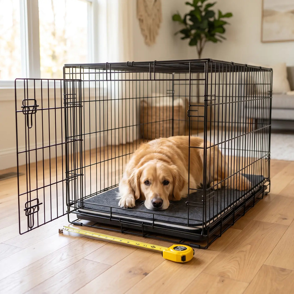 Golden Retriever lying on a Magic Carpet absorbent crate mat inside a 36 inch wire dog crate with a tape measure in front, for the dog crate size chart guide