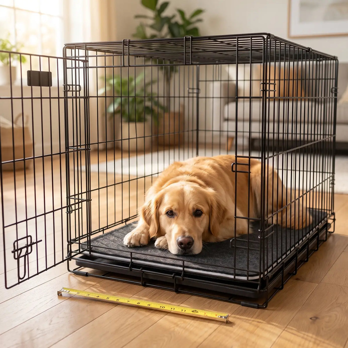 Golden Retriever lying on a Magic Carpet absorbent crate mat inside a 36 inch wire dog crate with a tape measure in front, for the dog crate size chart guide