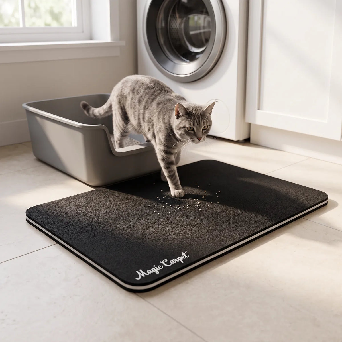 A grey tabby cat steps out of a litter box onto a flat black Magic Carpet litter box mat with a few stray litter granules on the surface