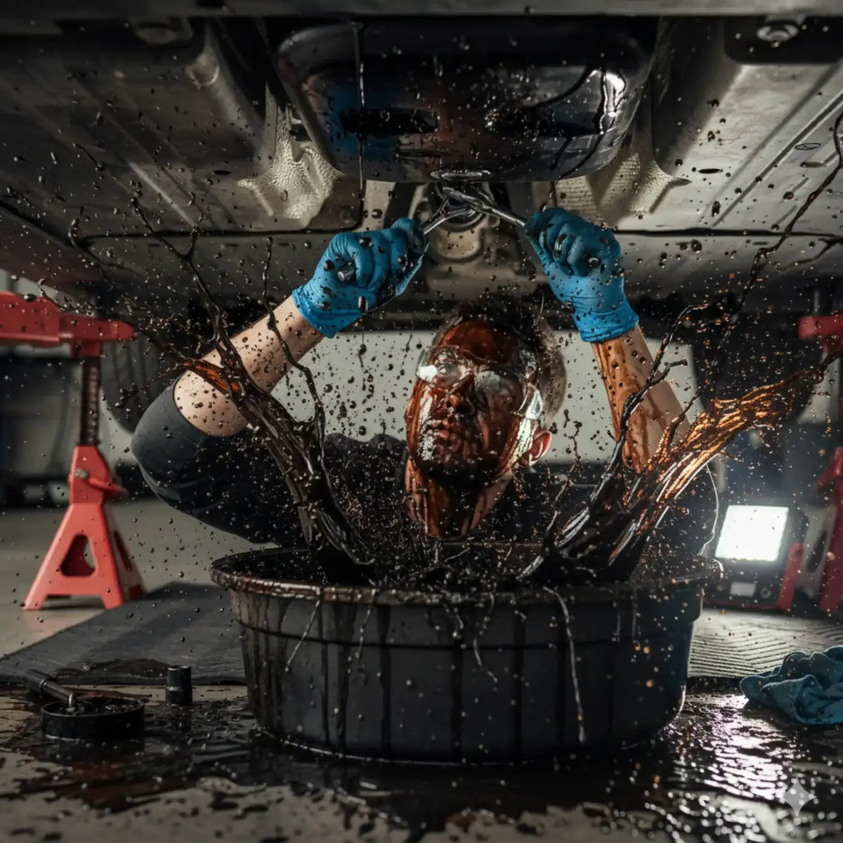 Oil drain pan on a black Magic Carpet garage floor mat during a home oil change