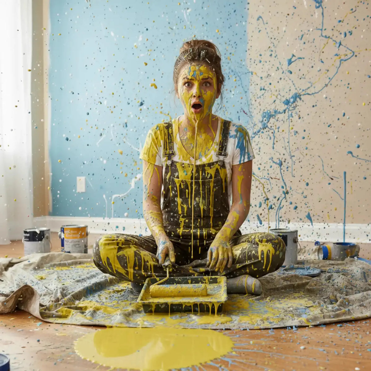 Paint cans and a roller tray set on a black Magic Carpet painting drop mat that contains drips and spills