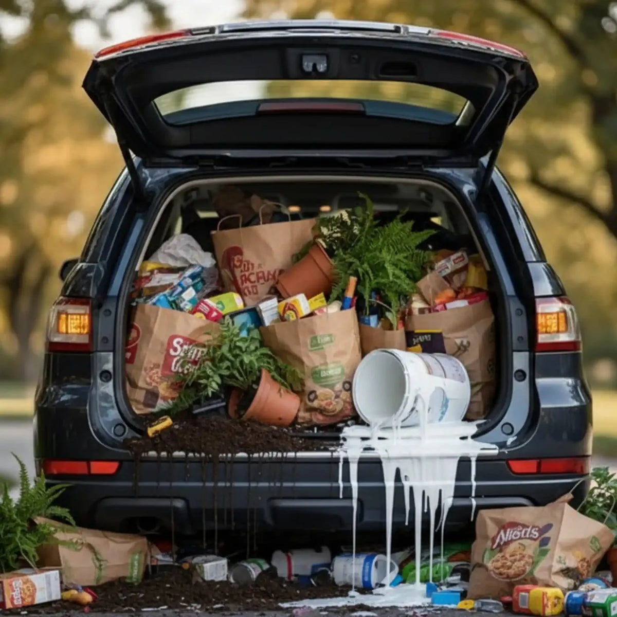 Black Magic Carpet absorbent mat lining a car trunk to protect it from plants, paint, and pet mess
