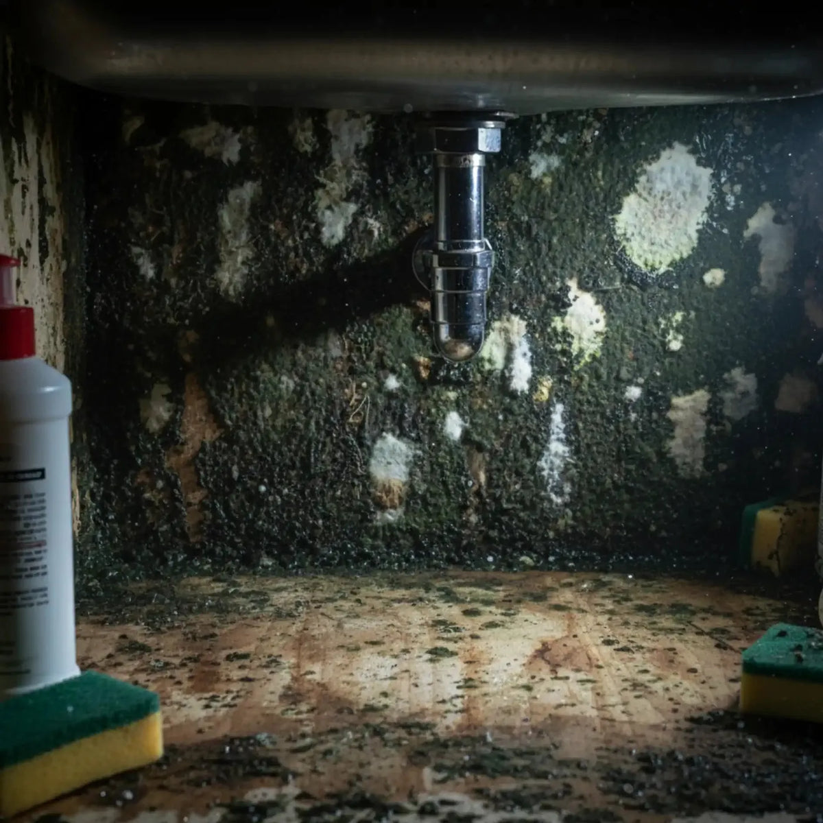 Mold and water damage under a kitchen sink cabinet, the problem a Magic Carpet under sink mat prevents