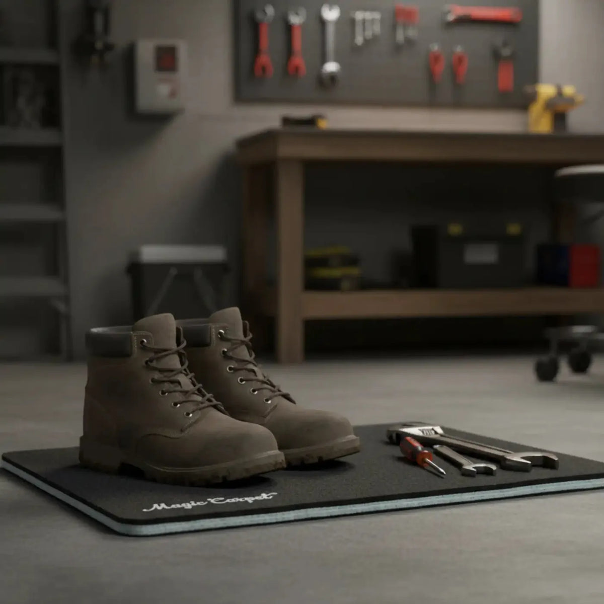 Work boots and hand tools on a black Magic Carpet workshop mat in an organized shop