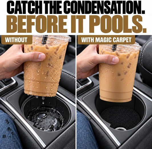 Condensation comparison showing an iced coffee above a bare cup holder and above a Magic Carpet absorbent car coaster