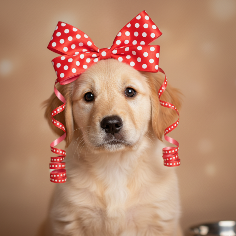 Puppy wearing a large red polka dot bow on a blurred background