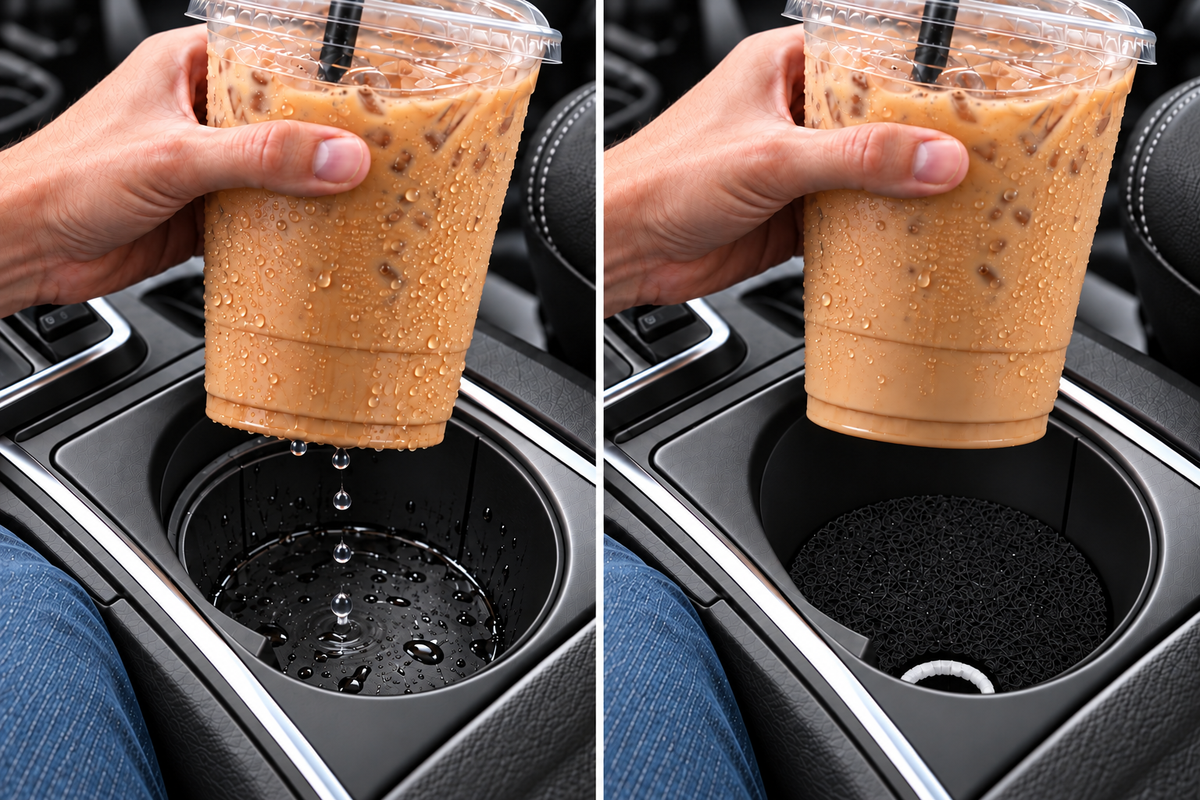 Illustrated comparison of condensation in a bare cup holder and an absorbent Magic Carpet coaster beneath the same iced coffee
