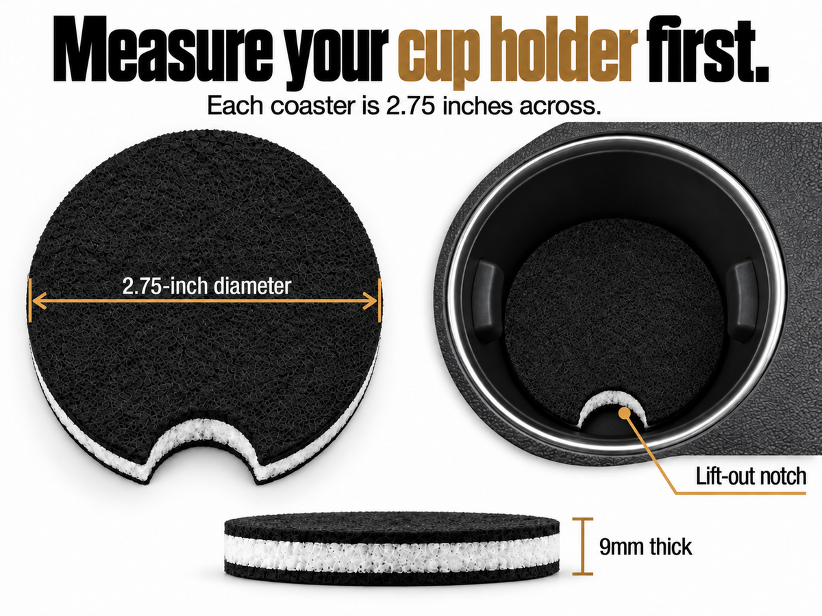 Magic Carpet car coaster dimensions: 2.75-inch diameter, 9mm thick, with a lift-out notch; measure your cup holder before ordering