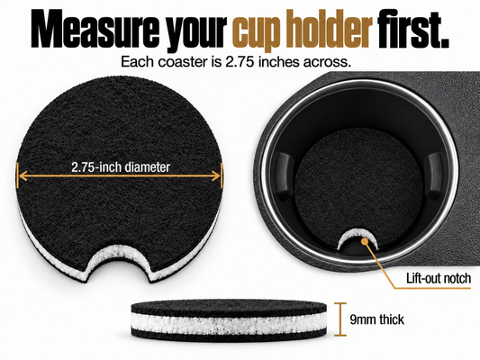 Magic Carpet car coaster dimensions: 2.75-inch diameter, 9mm thick, with a lift-out notch; measure your cup holder before ordering