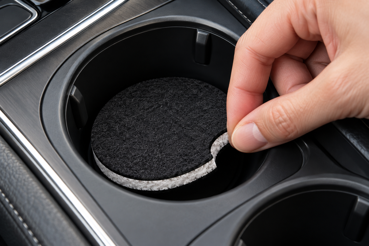A hand gripping the semicircular removal notch to lift a car coaster from a vehicle cup holder
