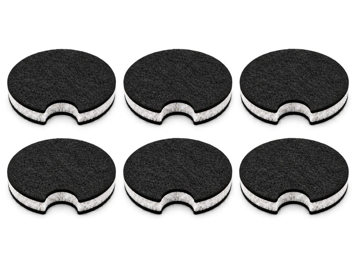Exactly six black car coasters with removal notches arranged in two rows of three