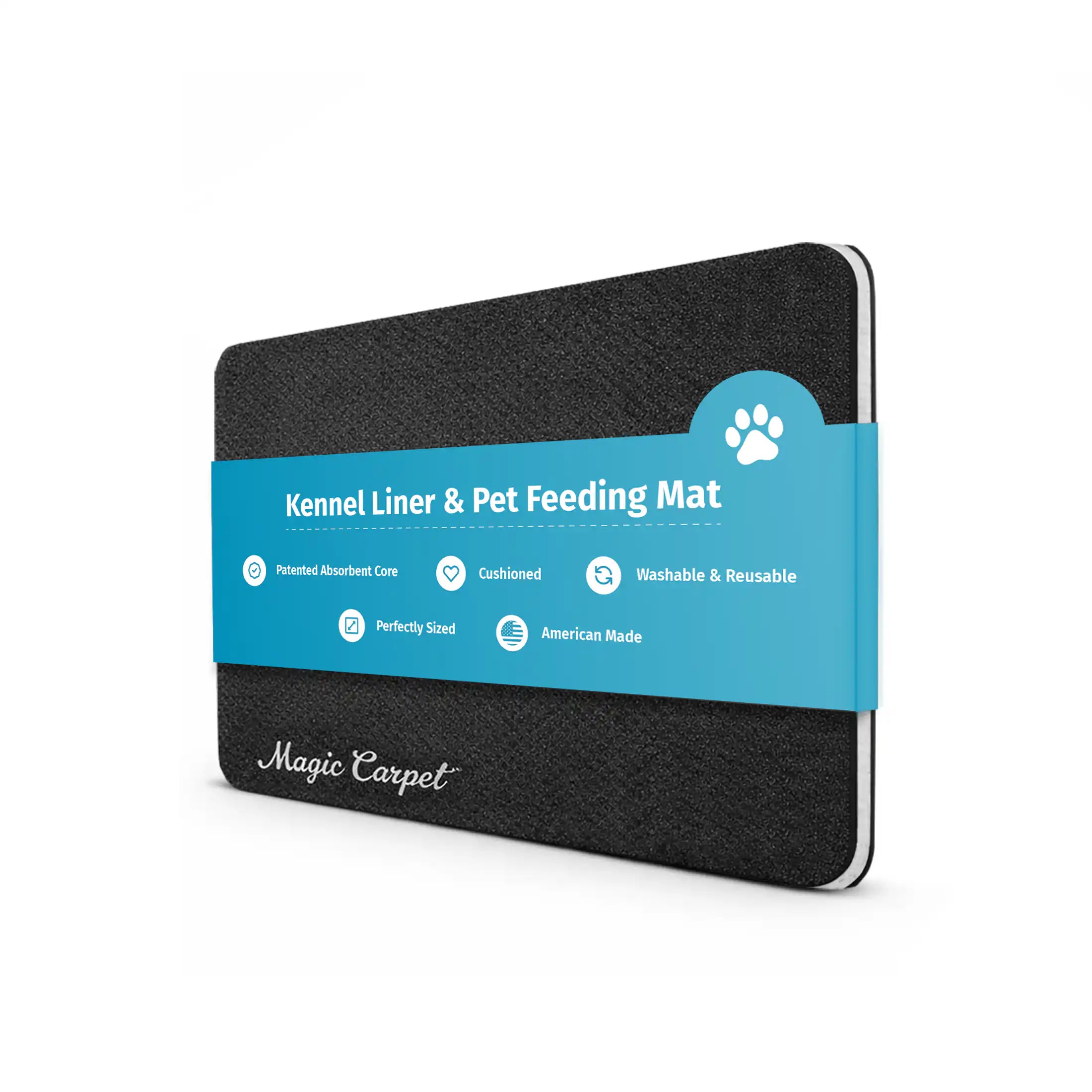 Magic Carpet absorbent kennel liner and pet feeding mat in black with blue Magic Carpet branding