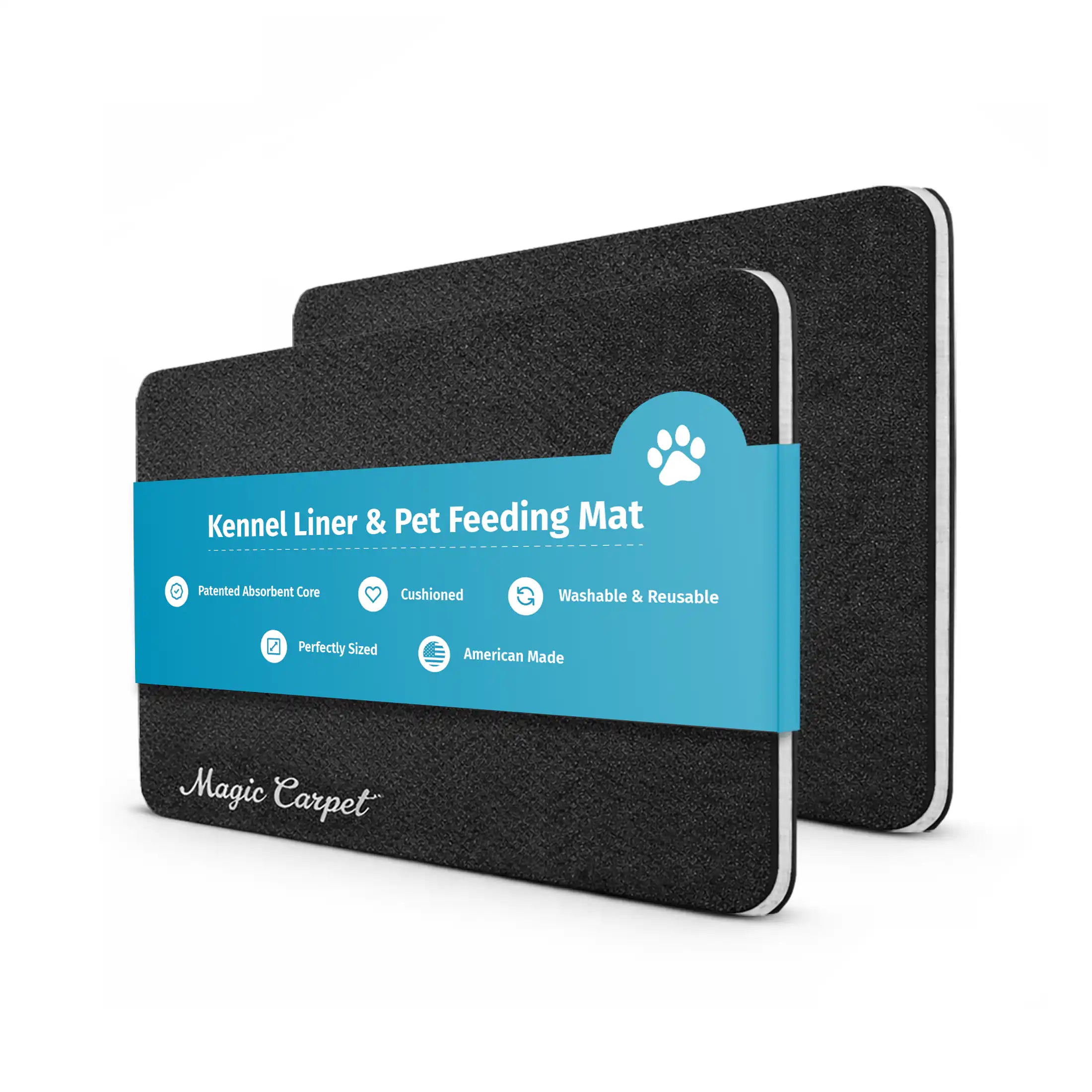 Magic Carpet absorbent kennel liner and pet feeding mat in black, two sizes shown