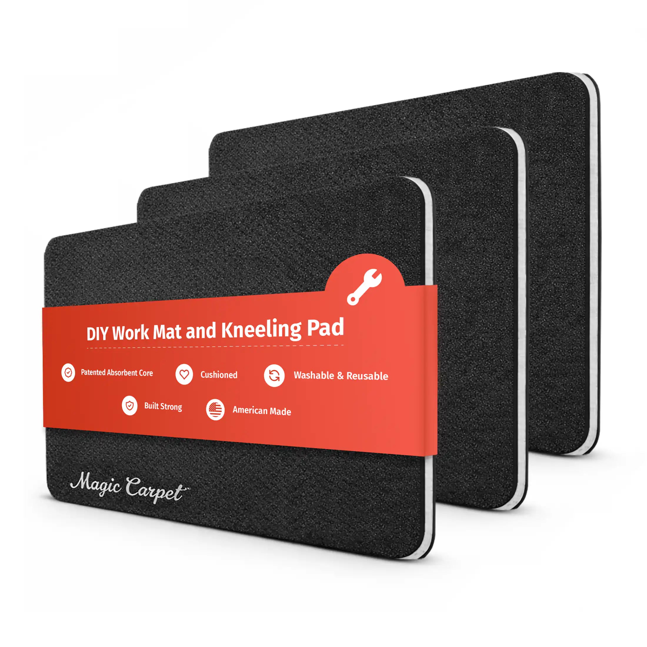 Magic Carpet DIY work mat and kneeling pad in black, shown in three sizes