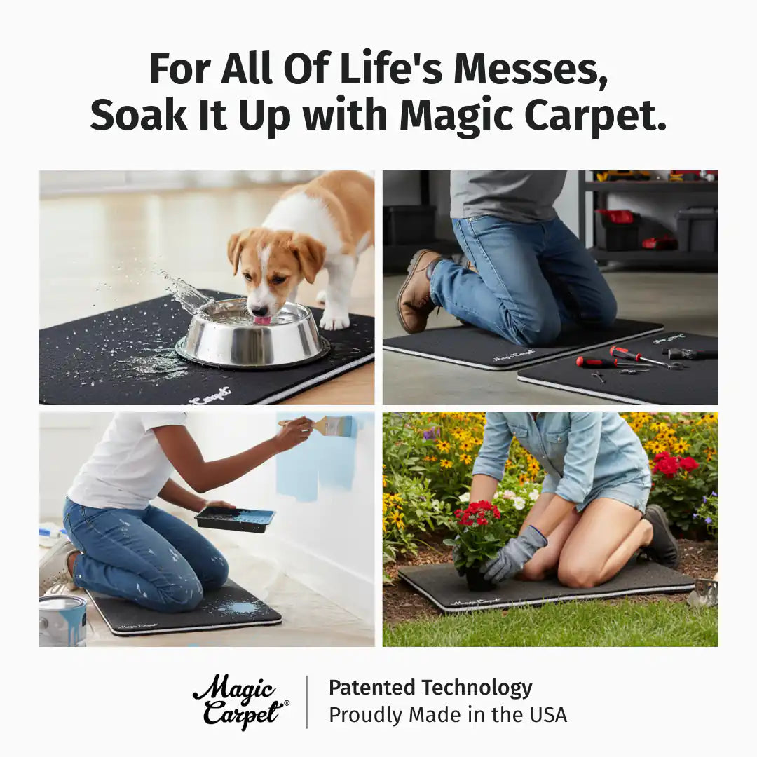 Magic Carpet absorbent mats used for pets, garage repairs, painting, and gardening, made in the USA