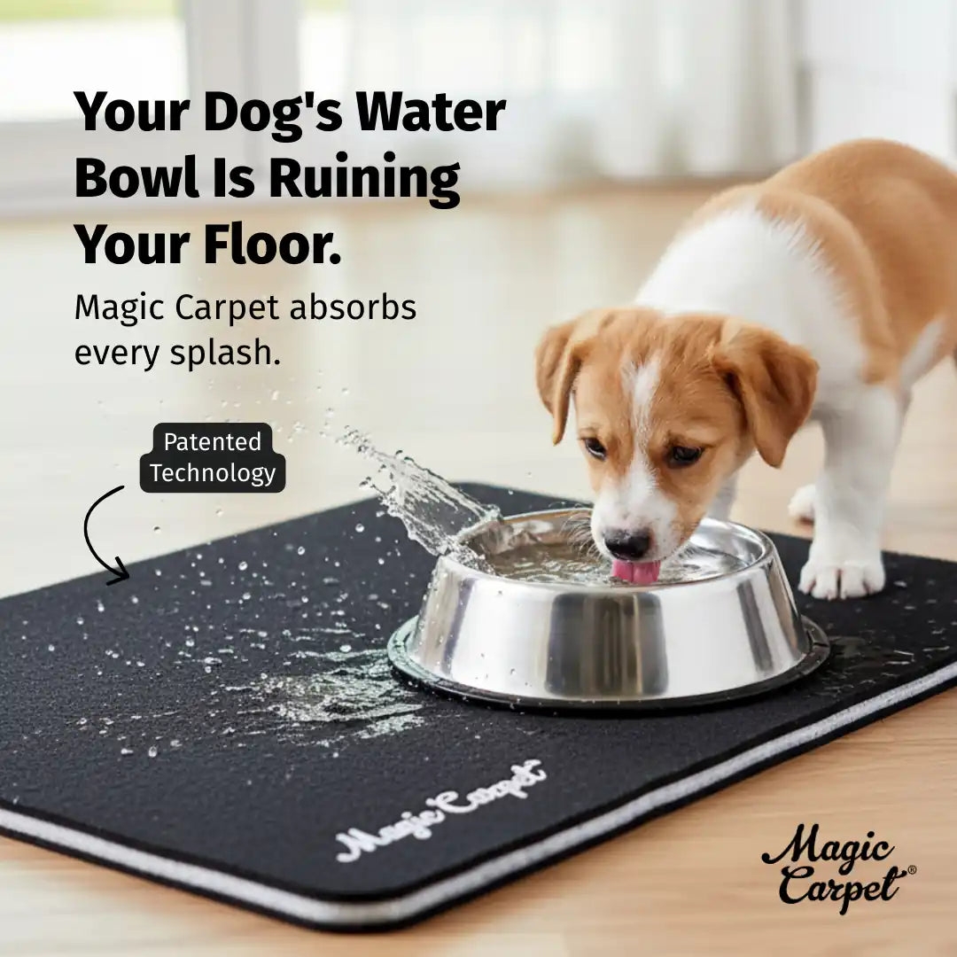 Puppy drinking from a water bowl on a black Magic Carpet absorbent pet mat that catches splashes