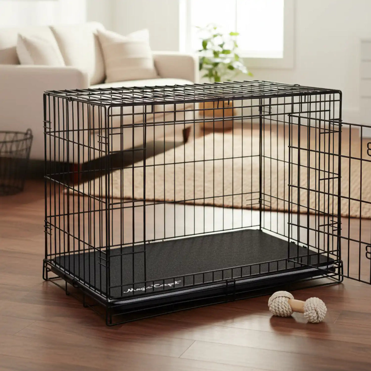 Wire dog crate fitted with a black Magic Carpet kennel liner in a living room