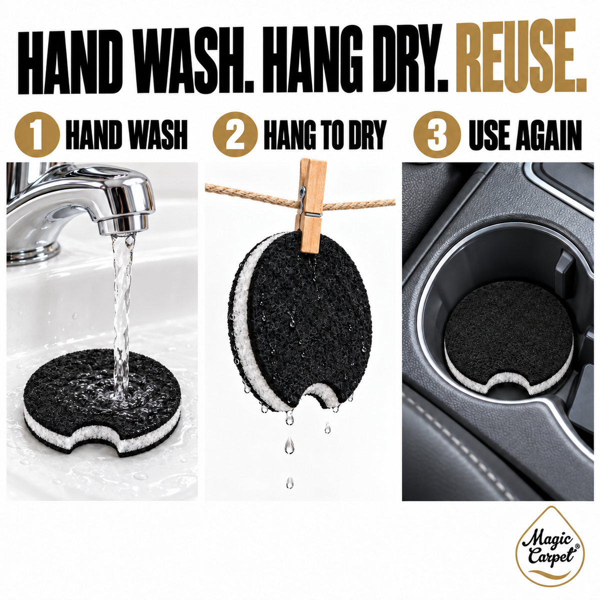 Hand wash, hang dry, and reuse Magic Carpet car coasters