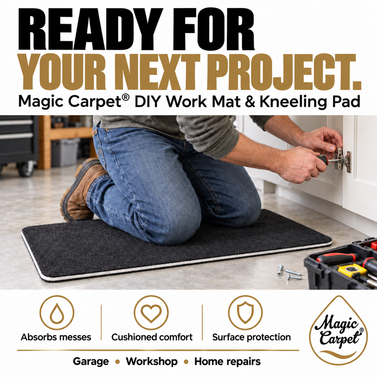 Magic Carpet DIY work mat on a garage floor beneath a person repairing a cabinet, with absorbent, cushioned comfort and surface-protection benefits.