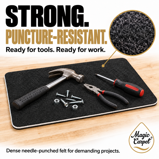 Magic Carpet strong, puncture-resistant needle-punched felt work mat beneath hand tools with a magnified textile detail.