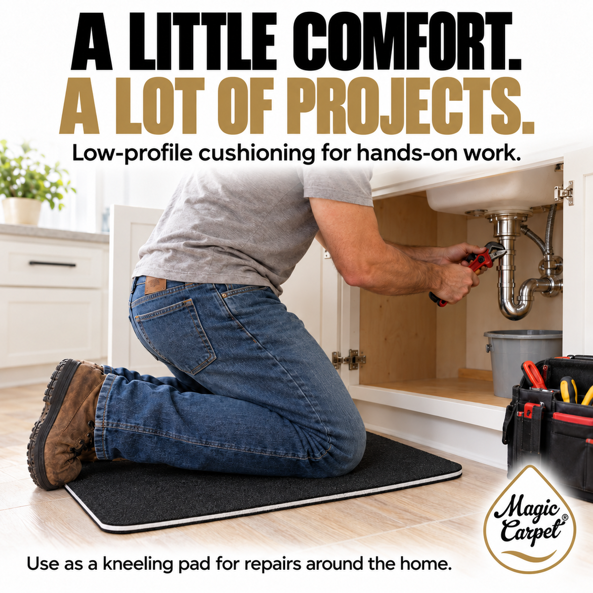 Person kneeling on a low-profile Magic Carpet DIY mat while repairing plumbing under a sink.