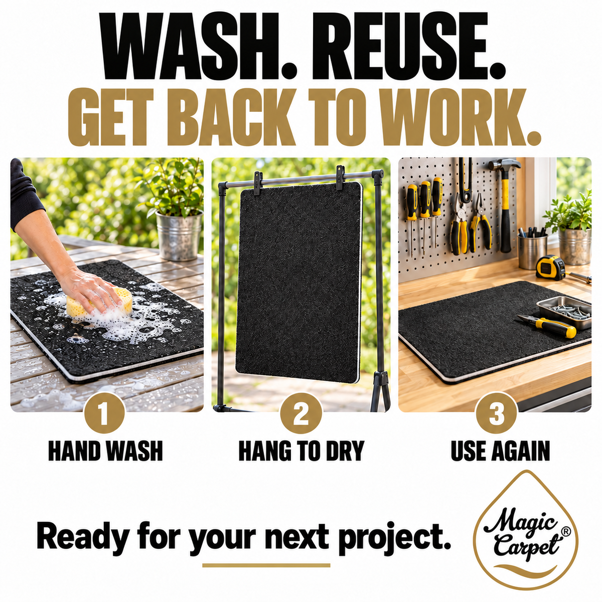 Magic Carpet DIY care sequence: hand wash the mat flat, hang it upright and unfolded to dry, then use it again.