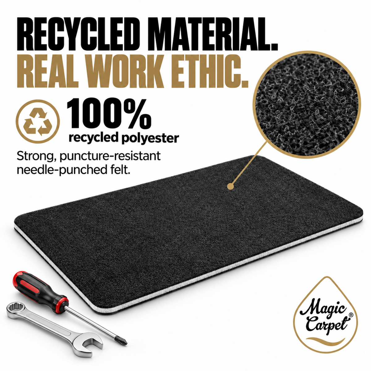 Magic Carpet DIY mat made from 100 percent recycled polyester, with strong puncture-resistant needle-punched felt and a magnified material detail.