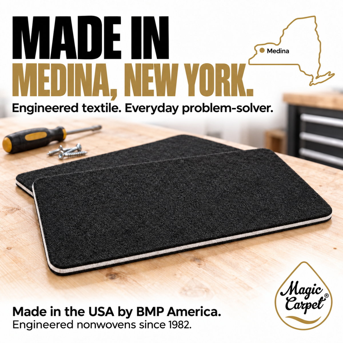 Magic Carpet DIY mats made in Medina, New York by BMP America, a maker of engineered nonwovens since 1982.