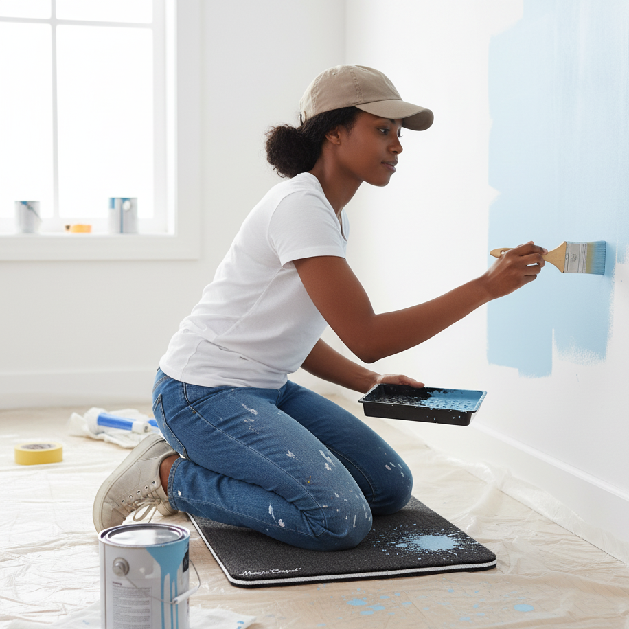 Painter working on Magic Carpet® DIY work mat and kneeling pad – absorbent washable surface protection for home painting projects