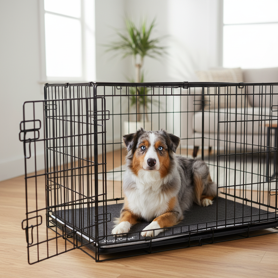 Large dog on Magic Carpet™ absorbent kennel liner and crate liner – reusable washable feeding station mat and surface protection