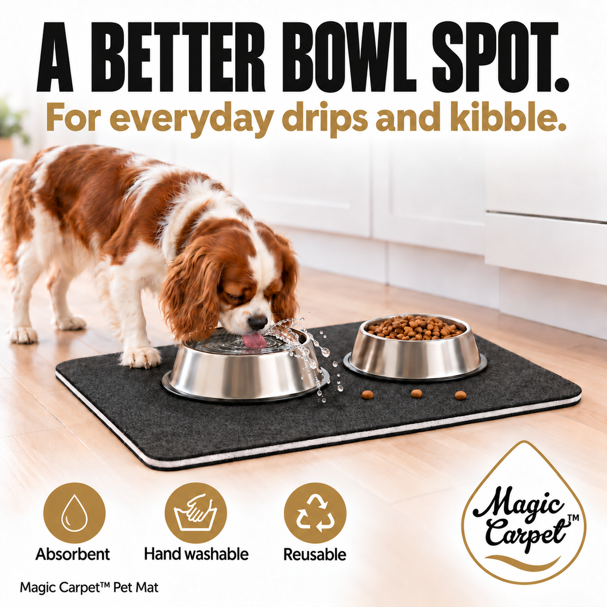 Magic Carpet Pet infographic showing a dog drinking with natural airborne bowl splashes above an absorbent rectangular mat.