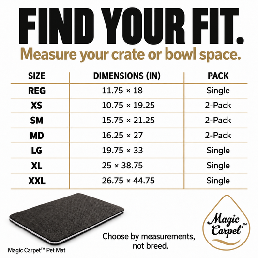 Magic Carpet Pet size guide listing seven current sizes and their Single or 2-Pack configuration.