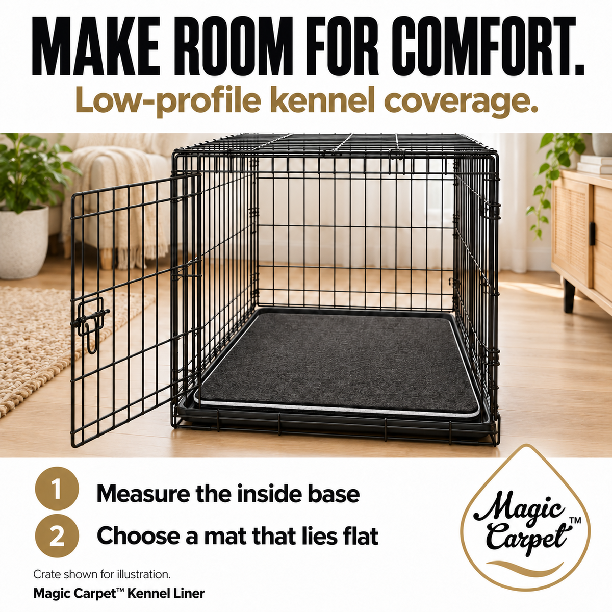 Magic Carpet kennel liner infographic showing a flat mat in a crate and instructions to measure the inside base.