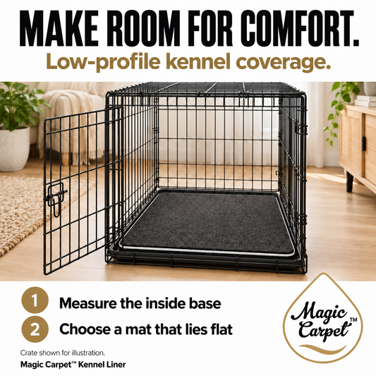 Magic Carpet kennel liner infographic showing a flat mat in a crate and instructions to measure the inside base.