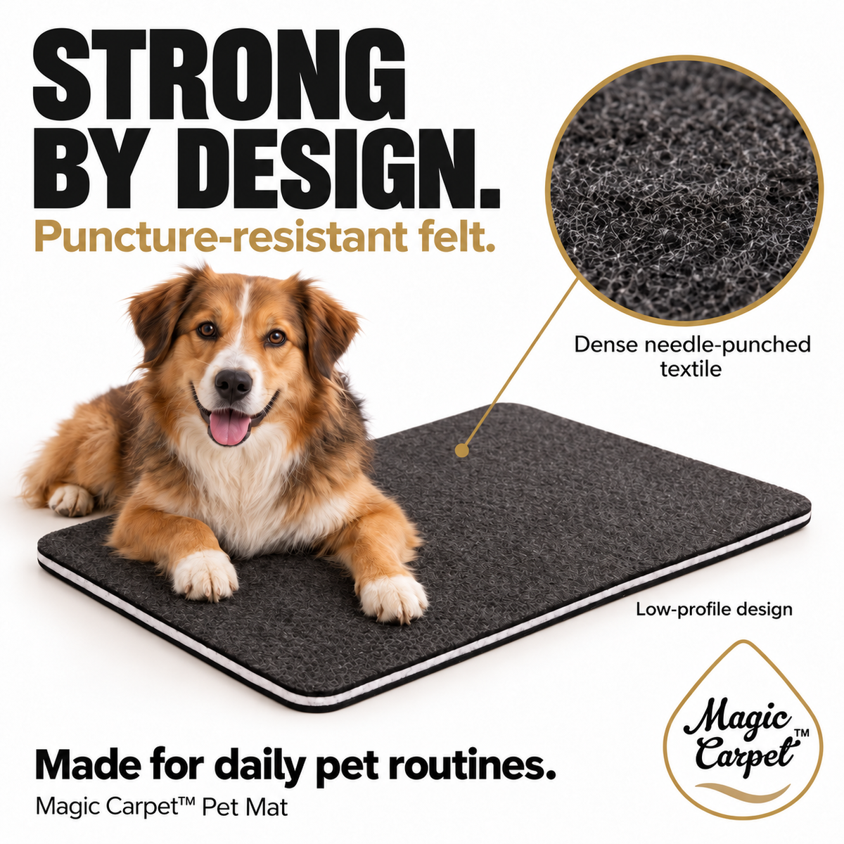 Magic Carpet strong and puncture-resistant felt infographic with a dog resting its paws on the mat.
