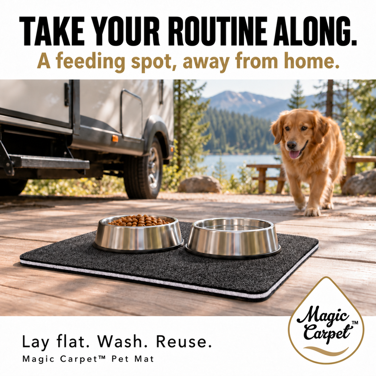 Magic Carpet travel feeding infographic showing food and water bowls on a flat mat beside a parked camper.