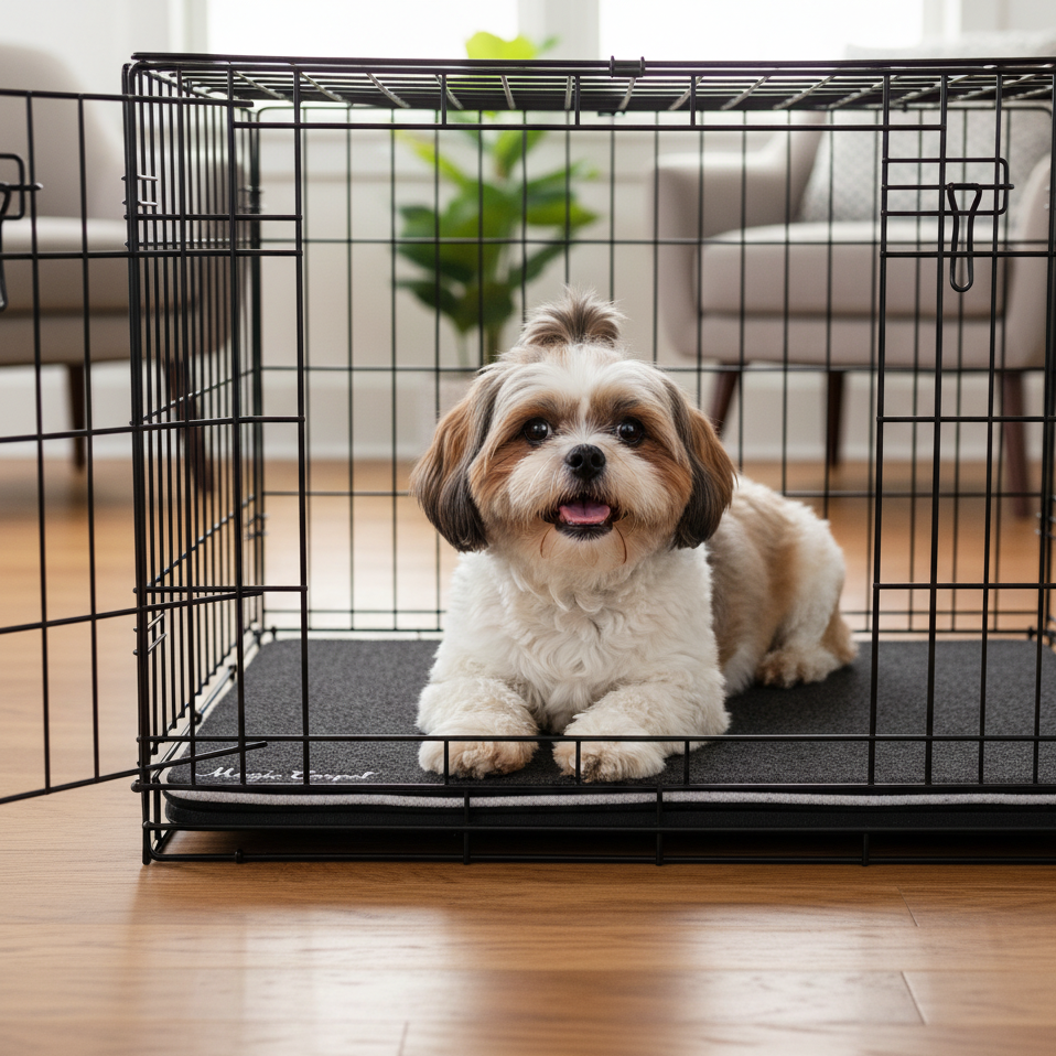 Small dog on Magic Carpet™ absorbent kennel liner and crate liner – reusable washable feeding station mat and surface protector