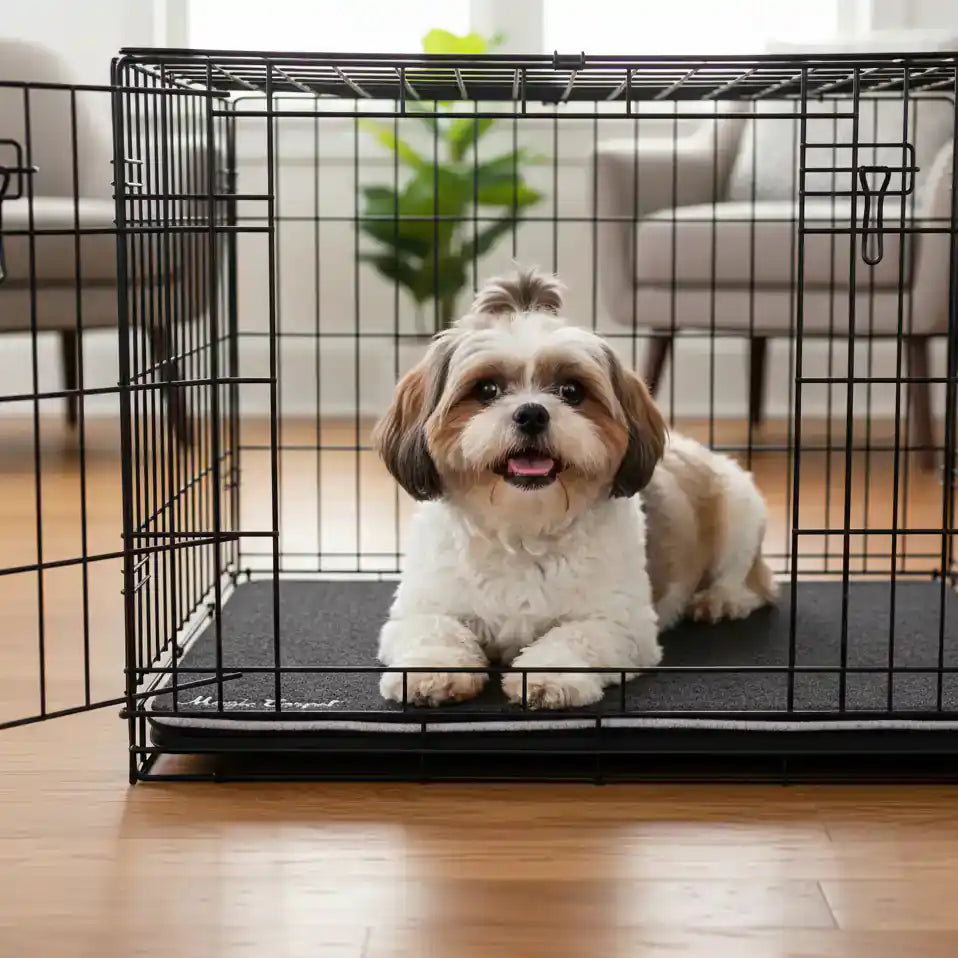 Small dog on Magic Carpet™ absorbent kennel liner and crate liner – reusable washable feeding station mat and surface protector