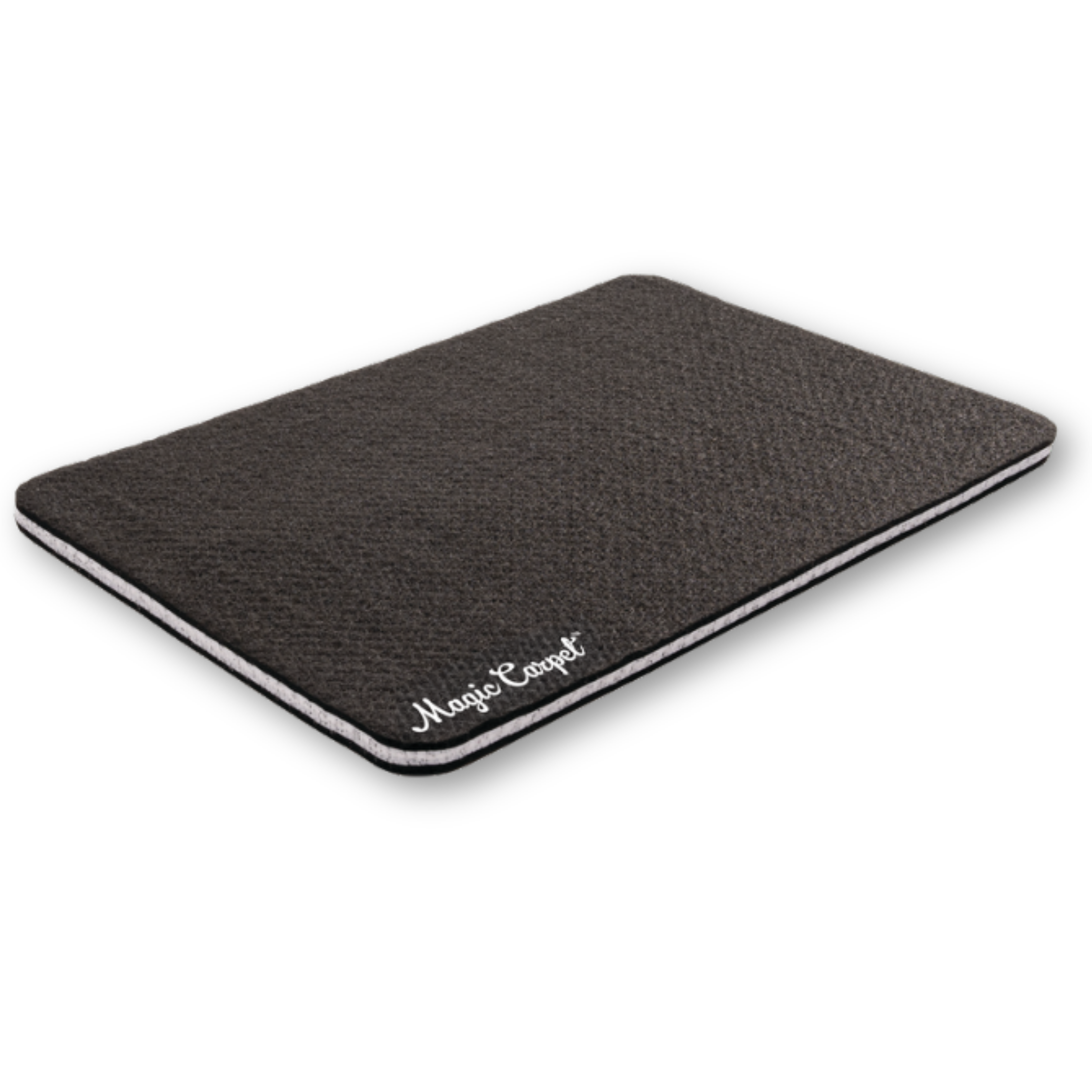 Magic Carpet® absorbent multi-use mat with white logo – reusable washable kennel liner, crate liner, feeding station mat, work mat, and kneeling pad