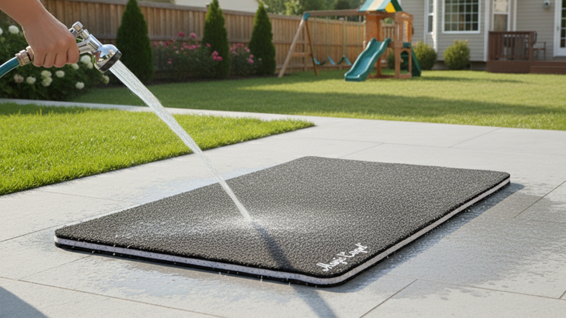 Magic Carpet® absorbent multi-use mat being rinsed clean with hose – reusable washable kennel liner, crate liner, feeding station mat, work mat, and kneeling pad