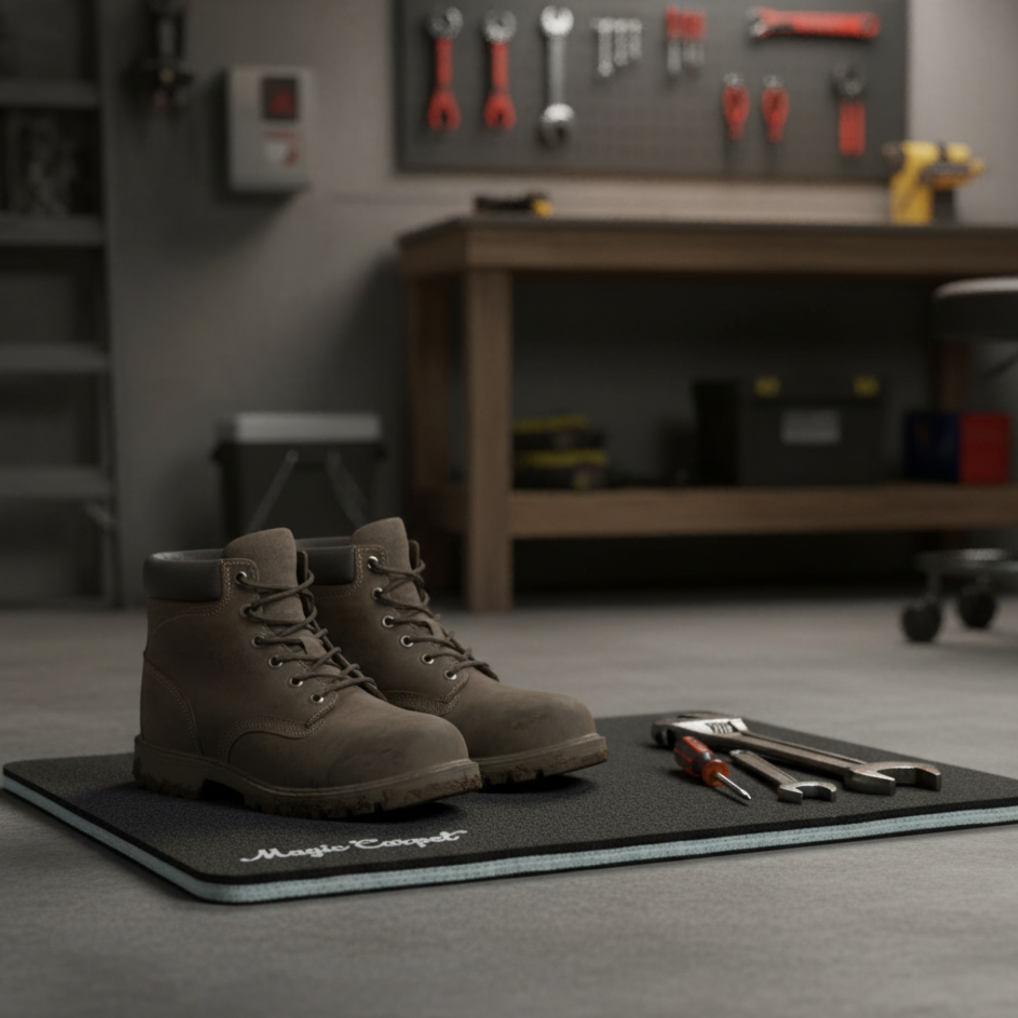 Magic Carpet® multi-use absorbent mat with boots and tools in workshop – reusable, puncture-resistant surface protection pad.