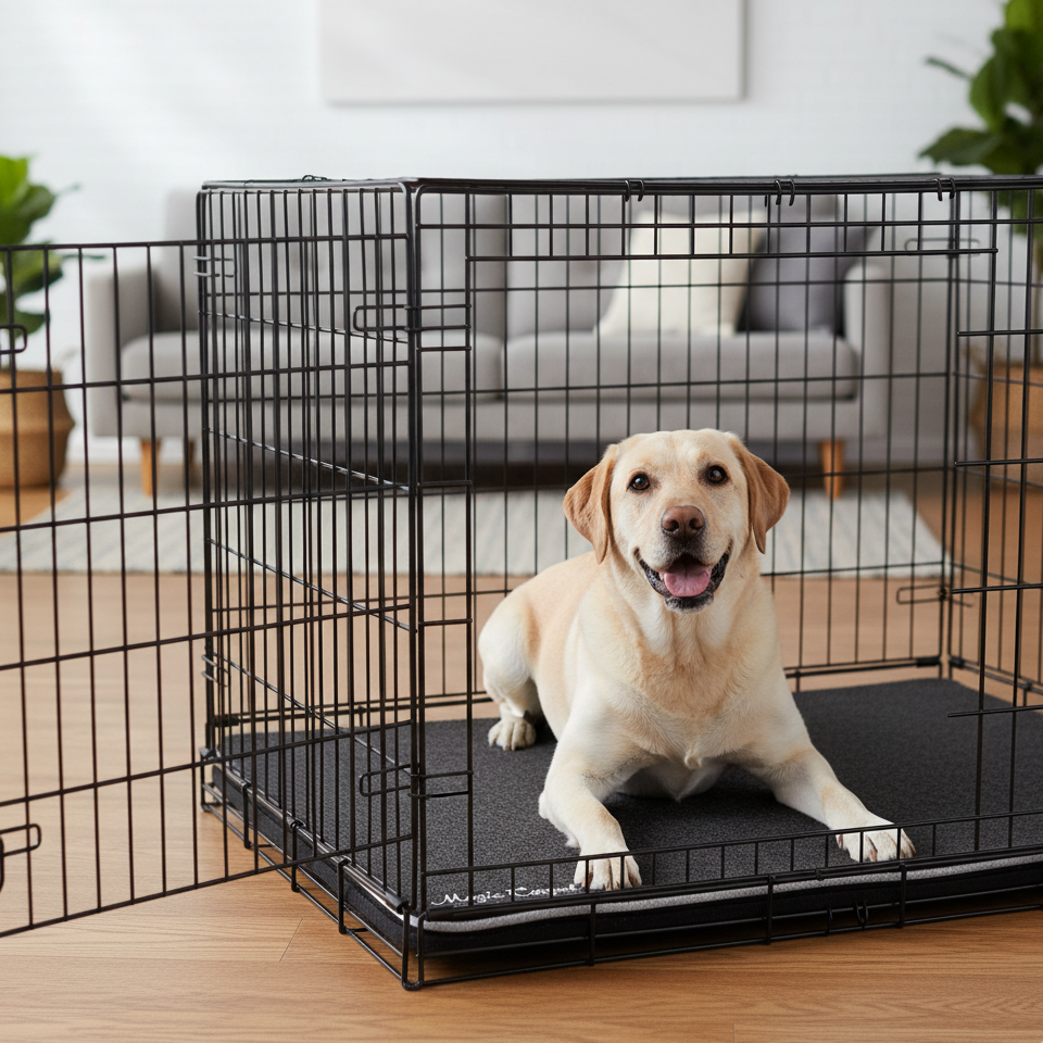 Extra large dog on Magic Carpet™ absorbent kennel liner and crate liner – reusable washable feeding station mat for XL dog breeds