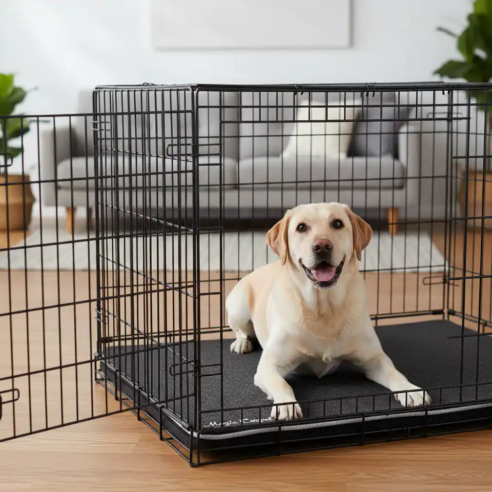 Extra large dog on Magic Carpet™ absorbent kennel liner and crate liner – reusable washable feeding station mat for XL dog breeds